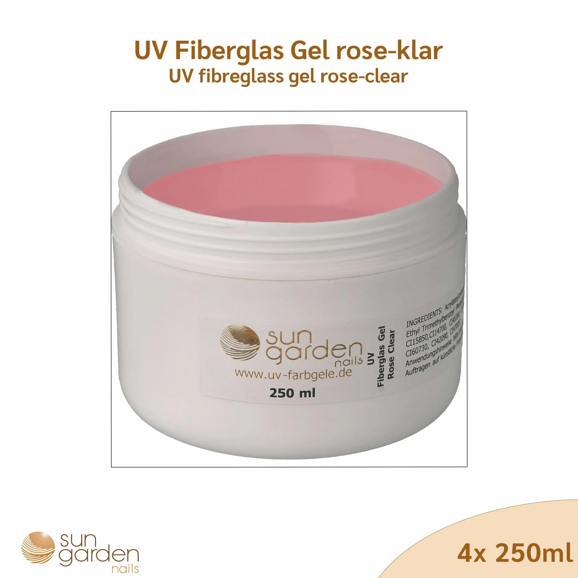 Gel in fibra di vetro UV rosa trasparente, 4 x 250 ml Premium Line – 1000 ml – gel per unghie – Top Coat – Gel per unghie – Gel per unghie – per pedicure – manicure