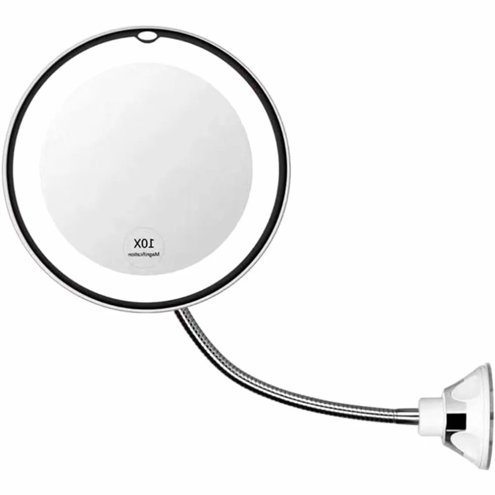 Gegong Specchio di vanità a LED con luce flessibile 360° girevole 10x ingrandimento portatile per viaggio bagno casa