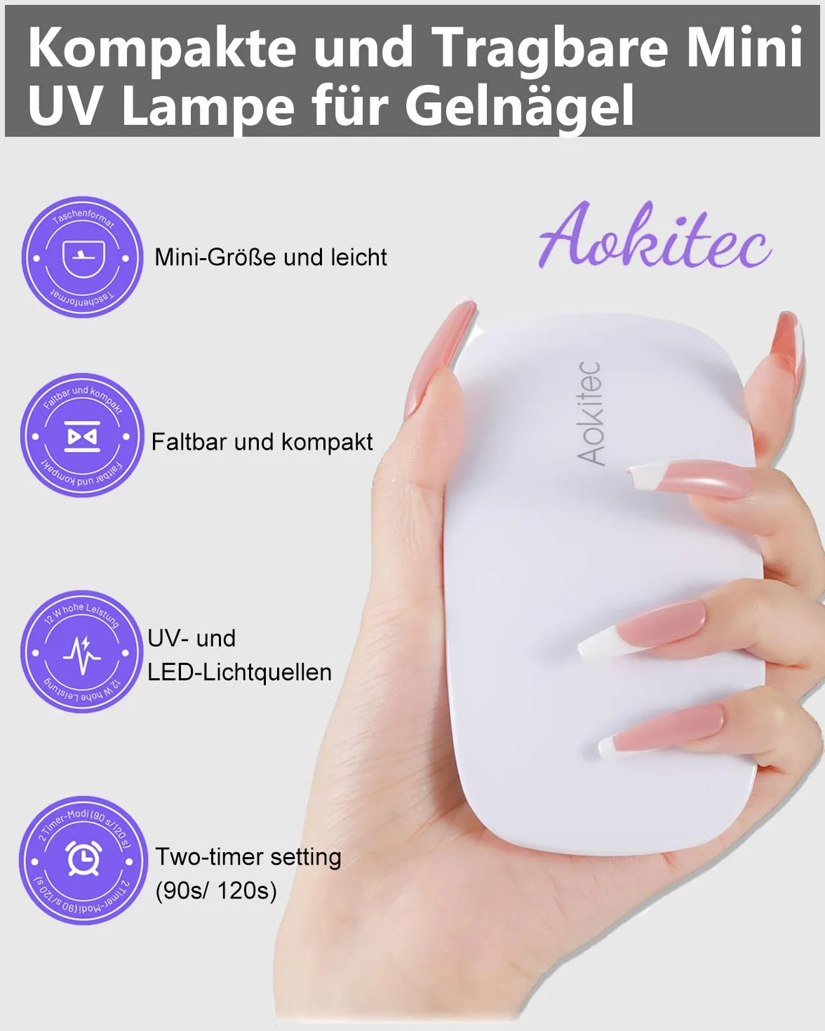 Aokitec Mini lampada per unghie portatile UV a forma di topo, lampada per unghie in gel tascabile con USB per tutti gli smalti gel, asciugatrice con 2 timer