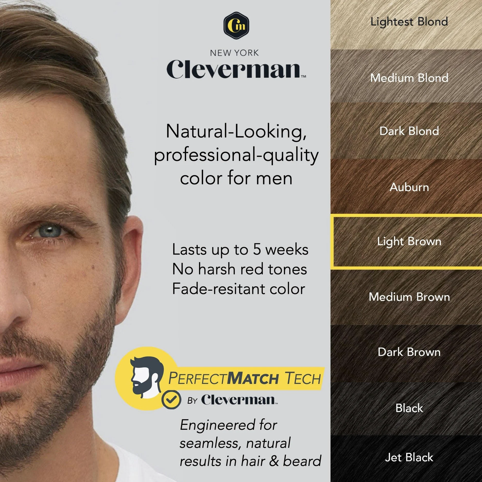 CLEVERMAN Kit di tintura per capelli e barba da uomo, riutilizzabile, tutto in uno, copertura naturale dei grigi, colorante per barba e baffi, senza ammoniaca (marrone chiaro).