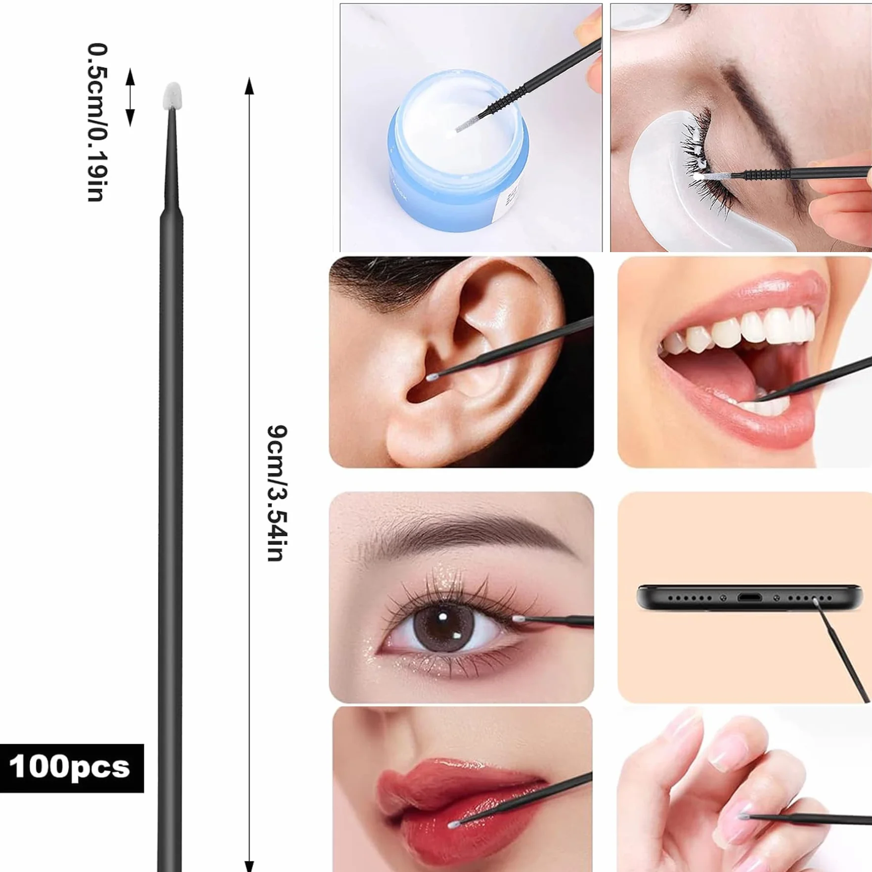 Set di 300 pennelli usa e getta per mascara, applicatori per labbra, 100 micro pennelli + 100 pennelli per ciglia + 100 bacchette per rossetto con scatola organizer nera
