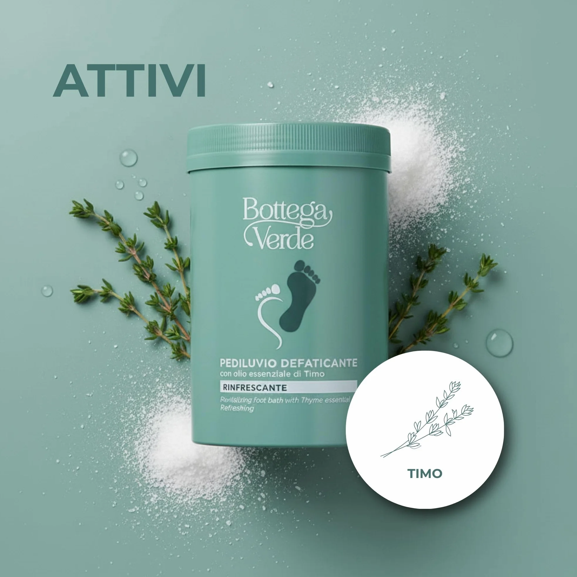 Bottega Verde - Pediluvio Defaticante, 250 g, con Olio Essenziale di Timo, Sali Rinfrescanti, Rilassanti e Rigeneranti per Piedi e Gambe