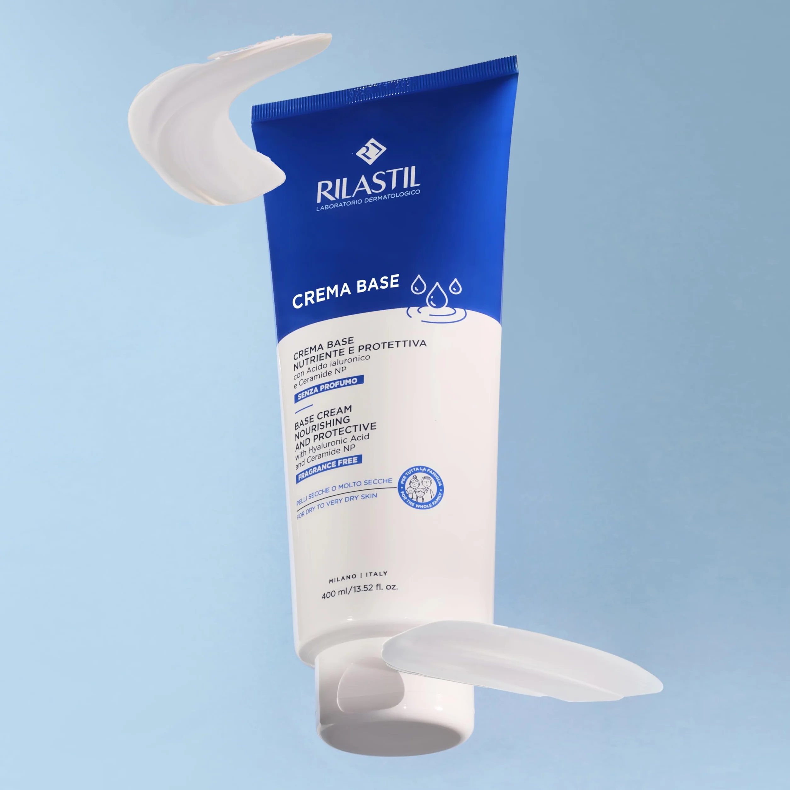 Rilastil Crema Base, Crema Idratante per Viso e Corpo, Senza Profumo, per Pelle Secca e Molto Secca, Adatta a Tutta la Famiglia, 400 ml