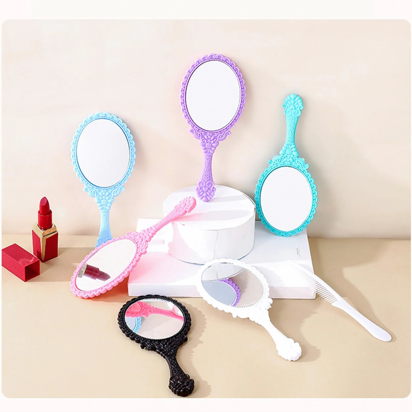 6PCS Specchietti Trucco con Manico per Viaggi Specchi Cosmetici Portatili, Casa e Campeggio - Colori Vivaci e Resistenti - 7 Pollici Lungo