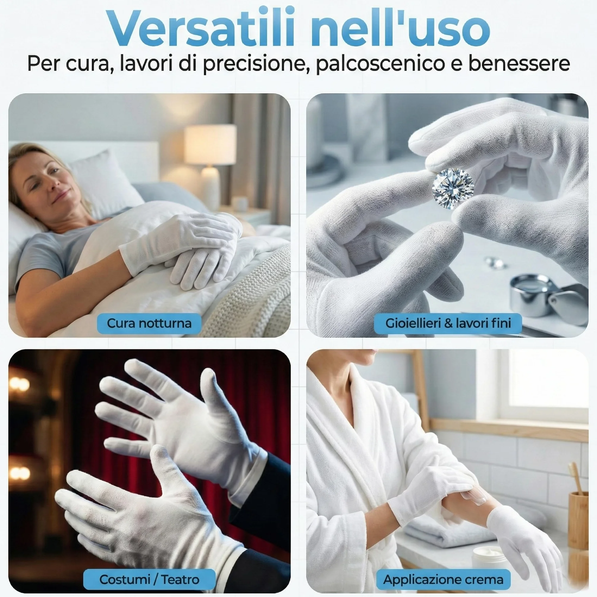 Guanti Bianchi 100% Cotone Morbido Cosmetici per Crema Mani Spa Pelle Secca Sottili Comodi Riutilizzabili 3 Paia M