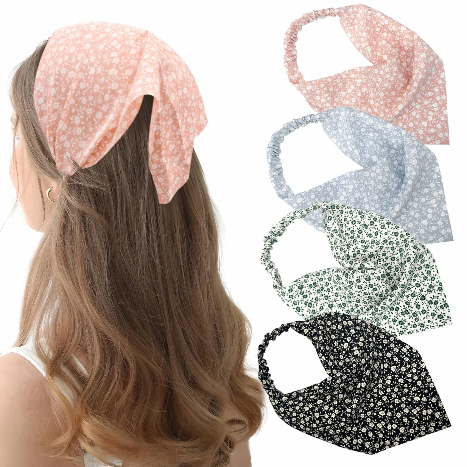 4 Pezzi Fascia Capelli Bandana, Capelli Floreale Fascia Elastica Boho Cerchietto Chiffon Carino Foulard per Donne Ragazze Accessorio