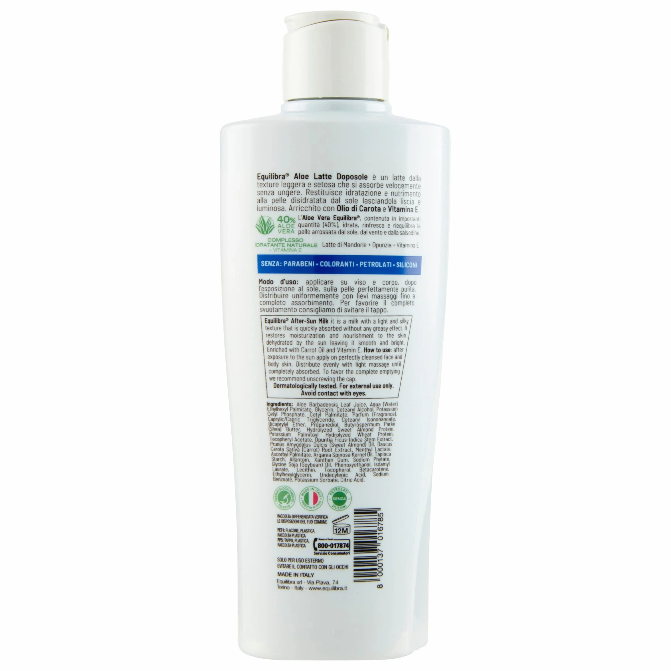Equilibra Doposole Idratante Aloe Latte con Olio di Carota e Vitamina E 200 ml