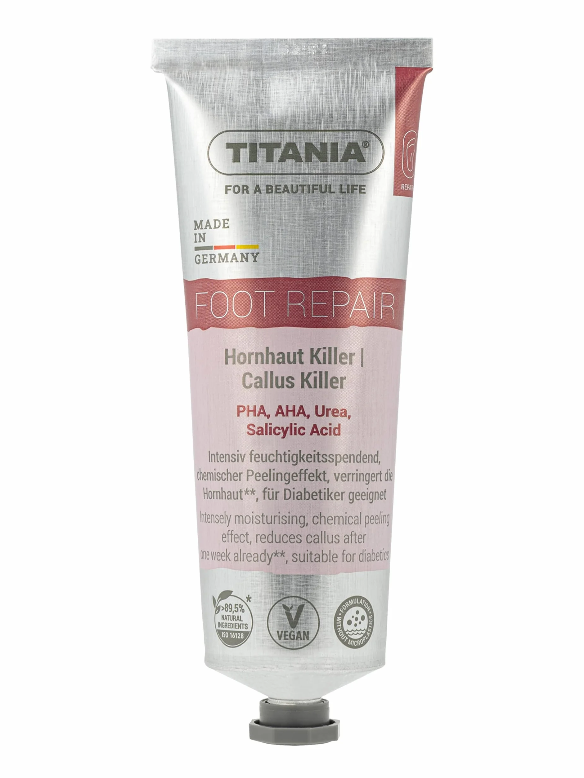 TITANIA Crema per piedi killer per calli effetto peeling – Intensivo levigante con urea, acido salicilico e acido lattico – Cosmetici naturali, vegano, formula senza microplastica, tubo di alluminio