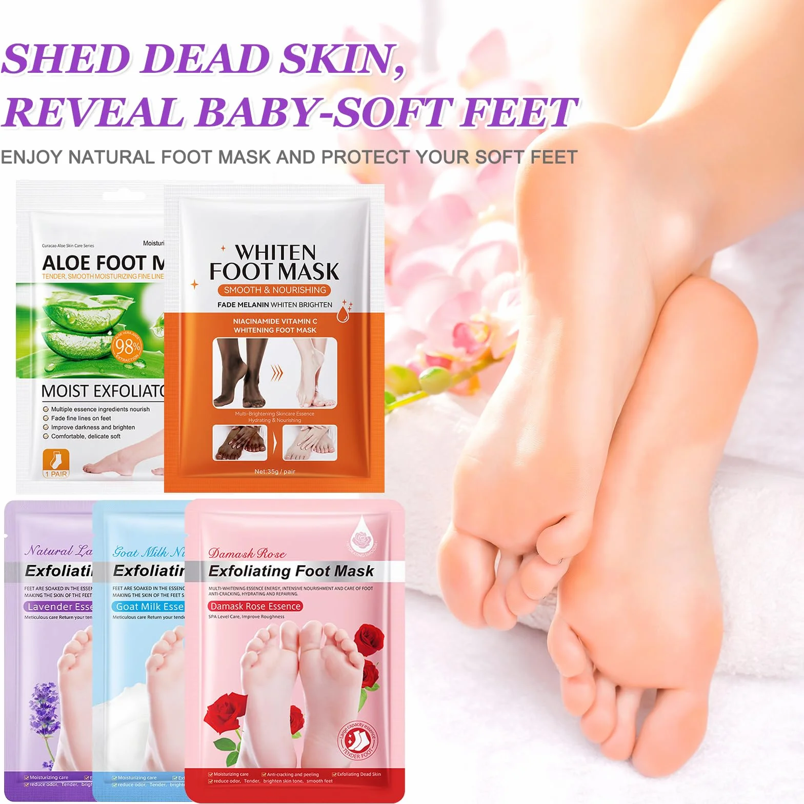 5 Paia Maschera Piedi Esfoliante, Calzini Idratanti per Piedi, Foot Peel Mask per Calli, Pelle Morta e Talloni Screpolati, Lavanda Latte di Capra Rosa Aloe Sbiancamento Foot Mask per Donne e Uomini