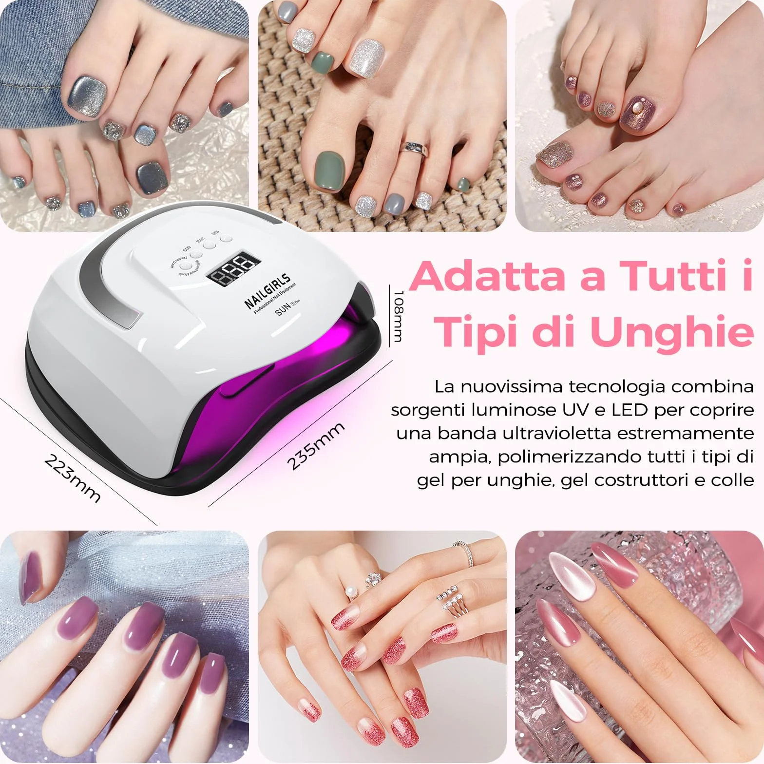 NAILGIRLS Lampada UV per Unghie 268W Portatile Asciuga Smalto LED 4 Modalità Timer Display LCD