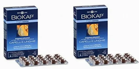 BIOSLINE - BIOKAP MIGLIO UOMO TRICOFOLTIL CAPELLI E UNGHIE 2 CONFEZIONI DA 60CPS MOLLI, per eccessiva caduta di capelli, unghie fragili