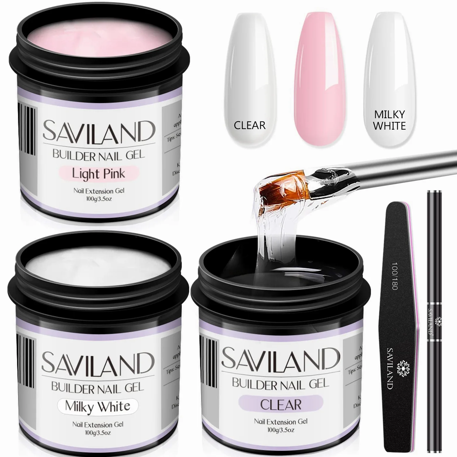 SAVILAND Kit Gel Costruttore per Unghie 3 pezzi 100 g Trasparente Rosa Chiaro e Bianco Gel Ricostruzione Unghie con pennello Grande Capacità Gel per Unghie Soak-off U V per Estensione