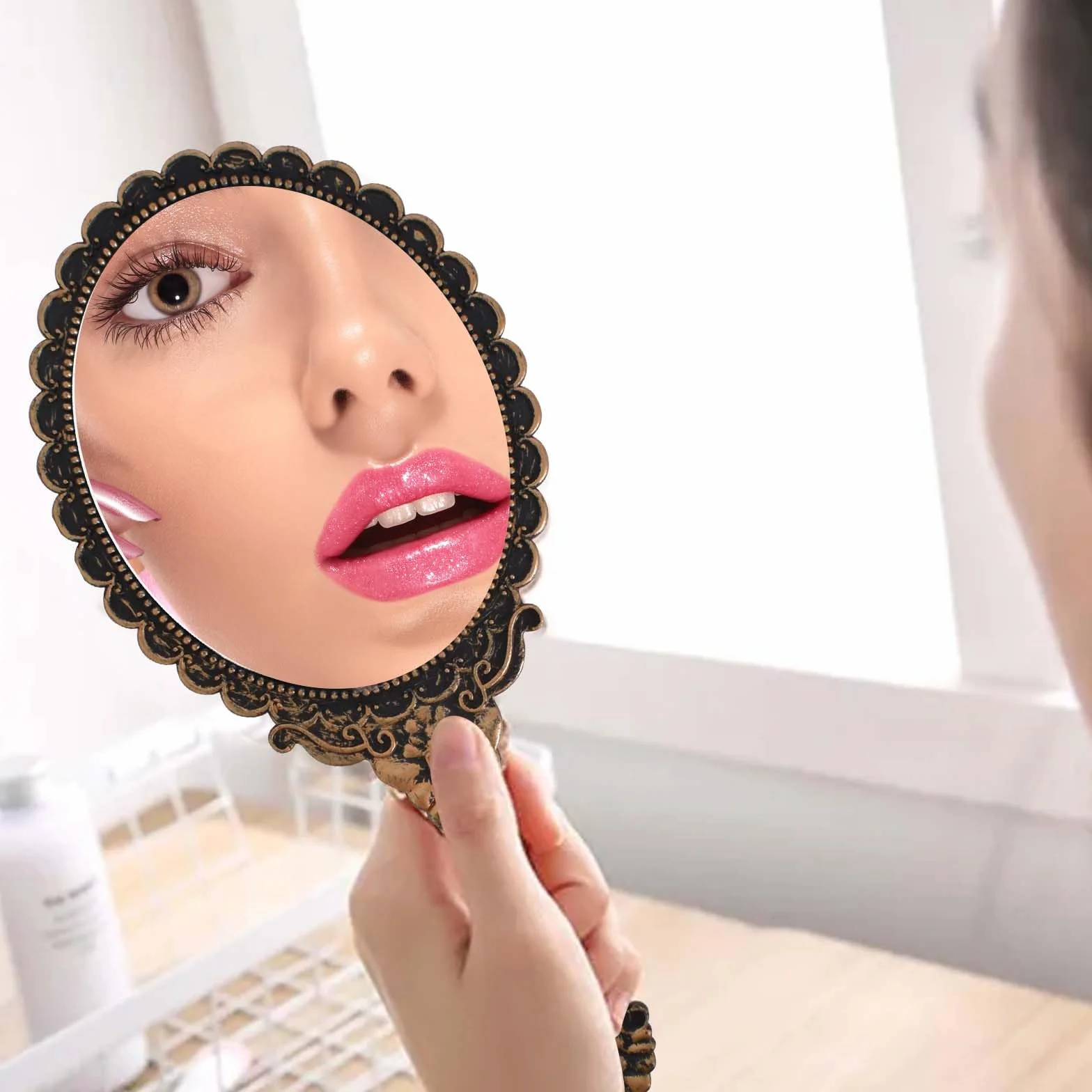 Specchio a Mano Vintage, Specchio Tascabile con Manico, Retrò Motivo Maniglia Specchio, Specchio a Mano Ovale Piccolo in Bronzo per il Trucco per Donne, Ragazze, Viaggi, Casa, Ufficio, Uso