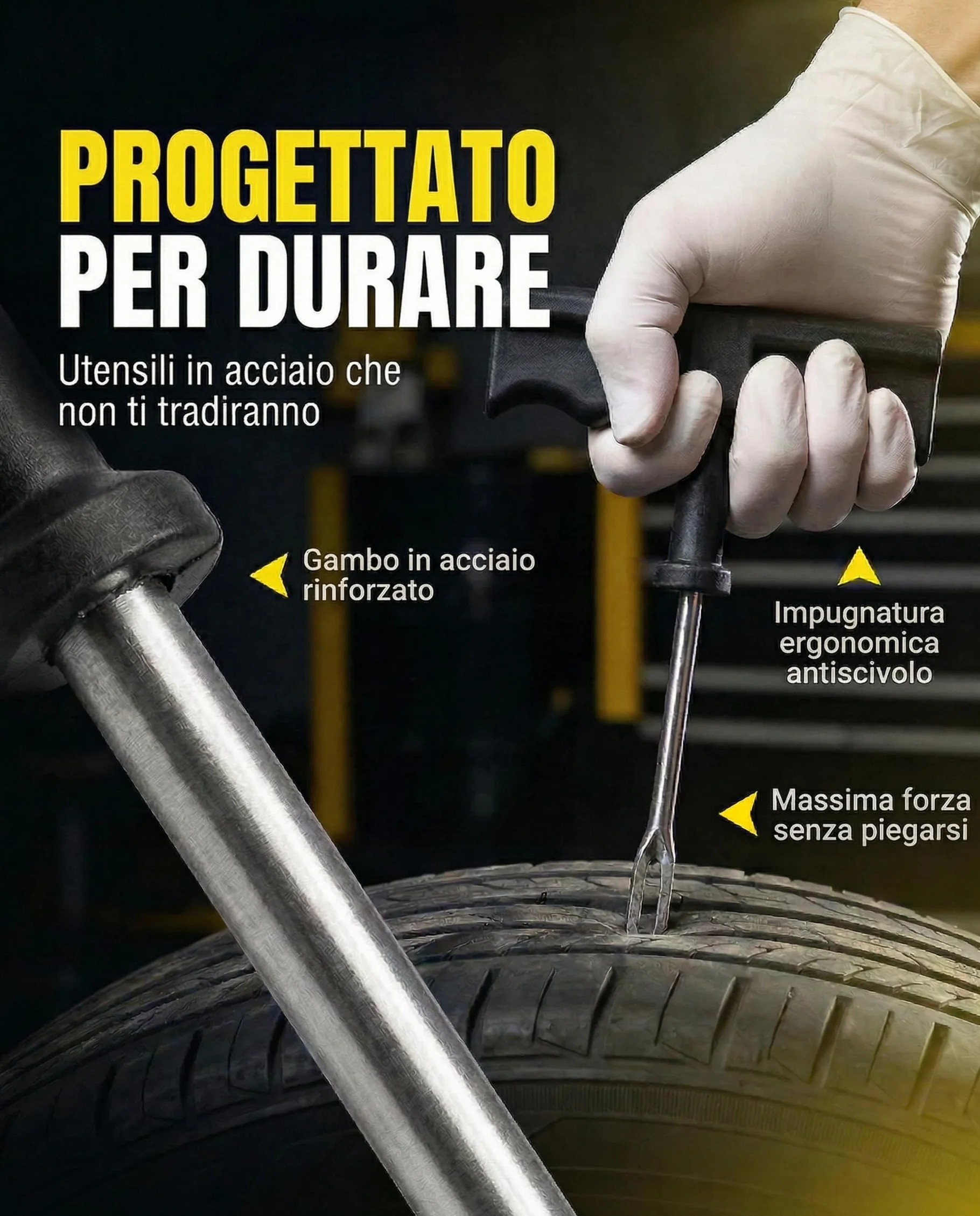 Kit Riparazione Pneumatici Auto Moto - Include 10 Tasselli, 2 Attrezzi a T, Guanti e Taglierino