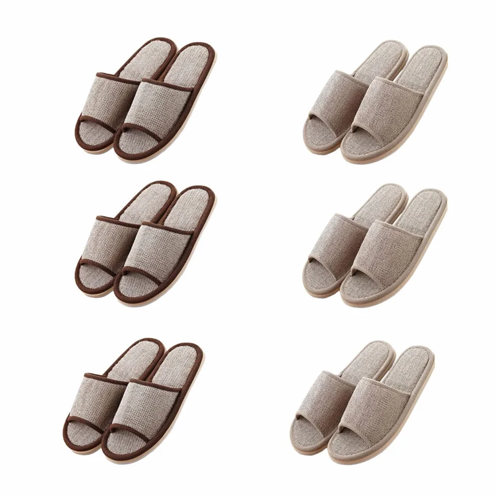 Set di 6 paia di pantofole in lino, per ospiti, con punta aperta, pantofole da bagno, antiscivolo, lavabili