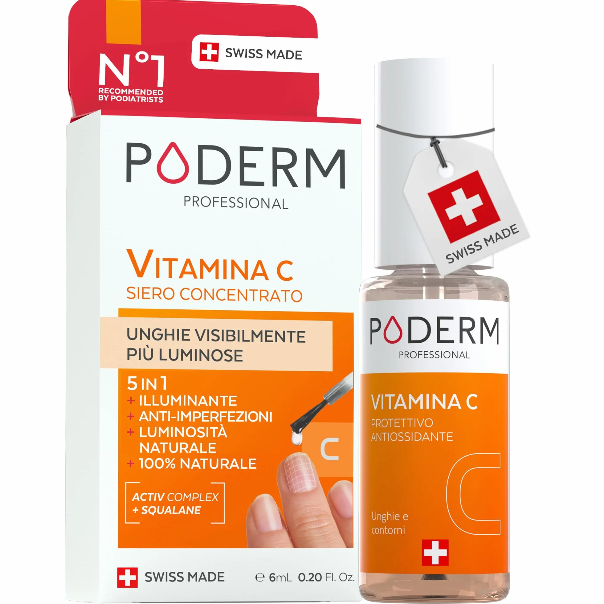 PODERM 5 in 1 Siero Booster Unghie – Vitamina C | Trattamento Illuminante e Antiossidante per Unghie Opache – 6 ML | Nutre e Rinforza L'unghia | 100% naturale – Sviluppato da un Podologo in Svizzera