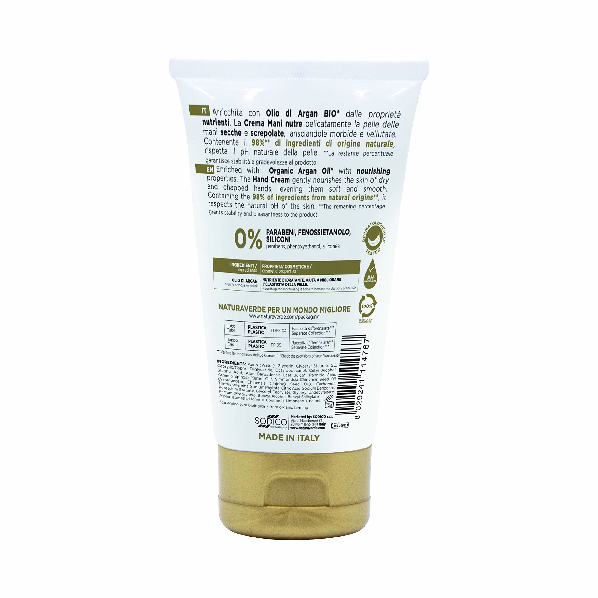 Naturaverde | Natural Beauty - Crema Mani Nutriente all'Olio di Argan, per Mani Secche e Screpolate, Ingredienti di Origine Naturale, 75ml