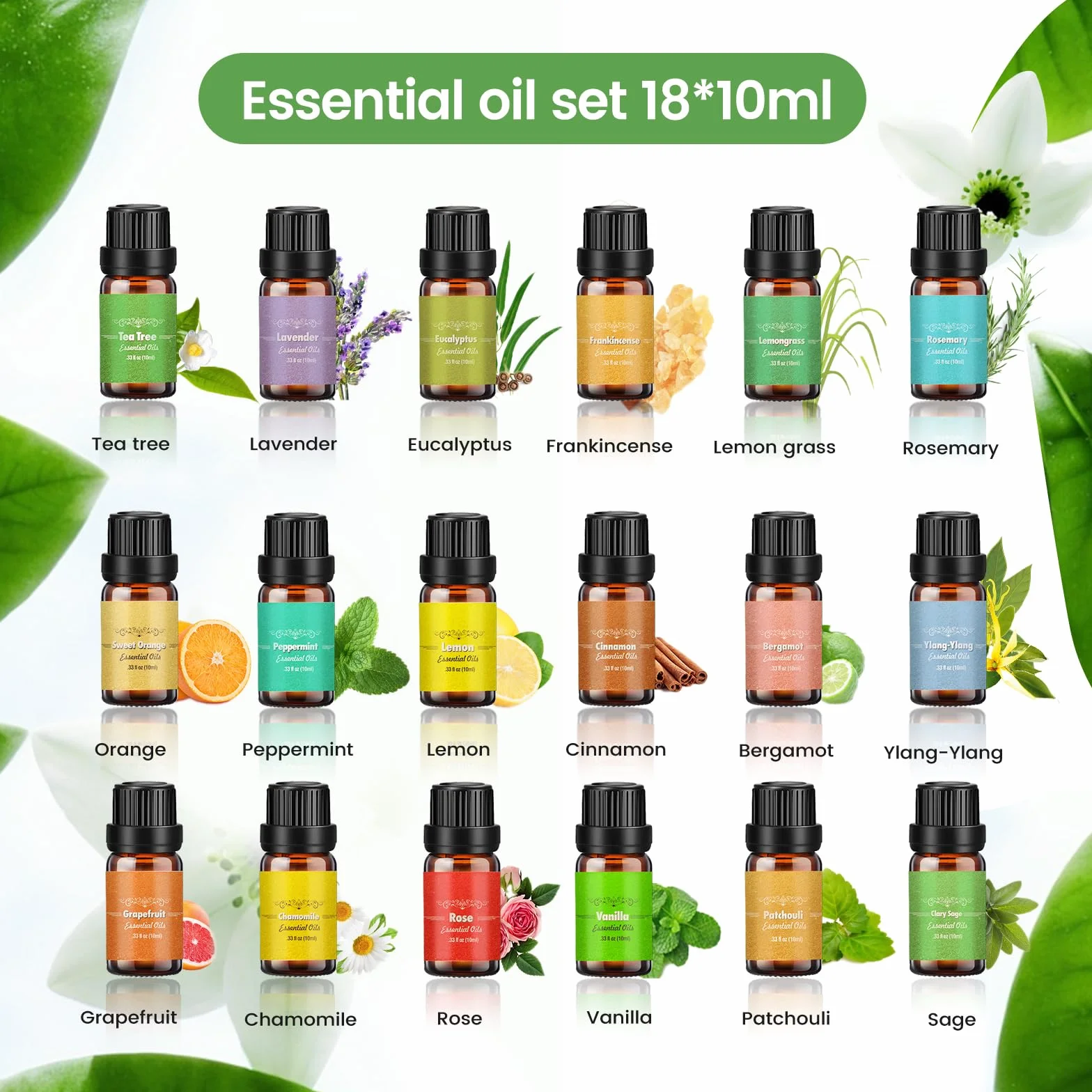 Set di Oli Essenziali 18 x 10 ml per Diffusori, Tea Tree Lavanda Rosmarino Eucalipto
