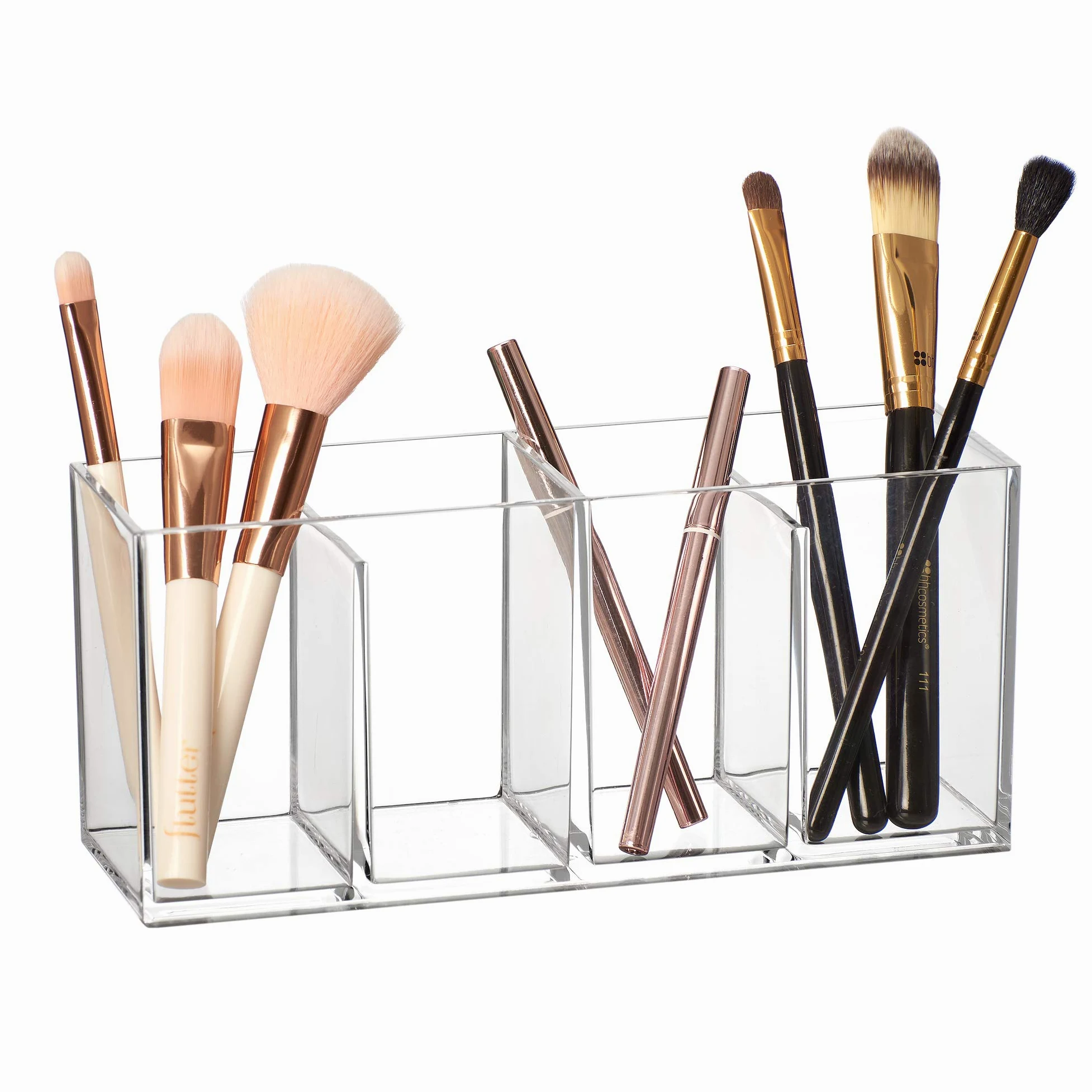 Amazing Abby Glamour - Organizer per trucchi in acrilico a 4 scomparti, porta pennelli da trucco in plastica trasparente, soluzione perfetta per riporre pennelli da trucco, matite per sopracciglia e
