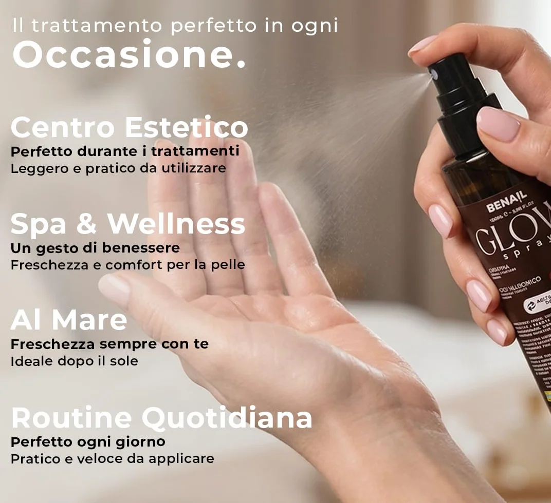 Benail | Glow Spray Idratante Mani e Unghie con Acido Ialuronico e Cheratina, crema mani antiage, Trattamento Cuticole Profumato, lentivo, idratante con Asciugatura Rapida, Made in Italy