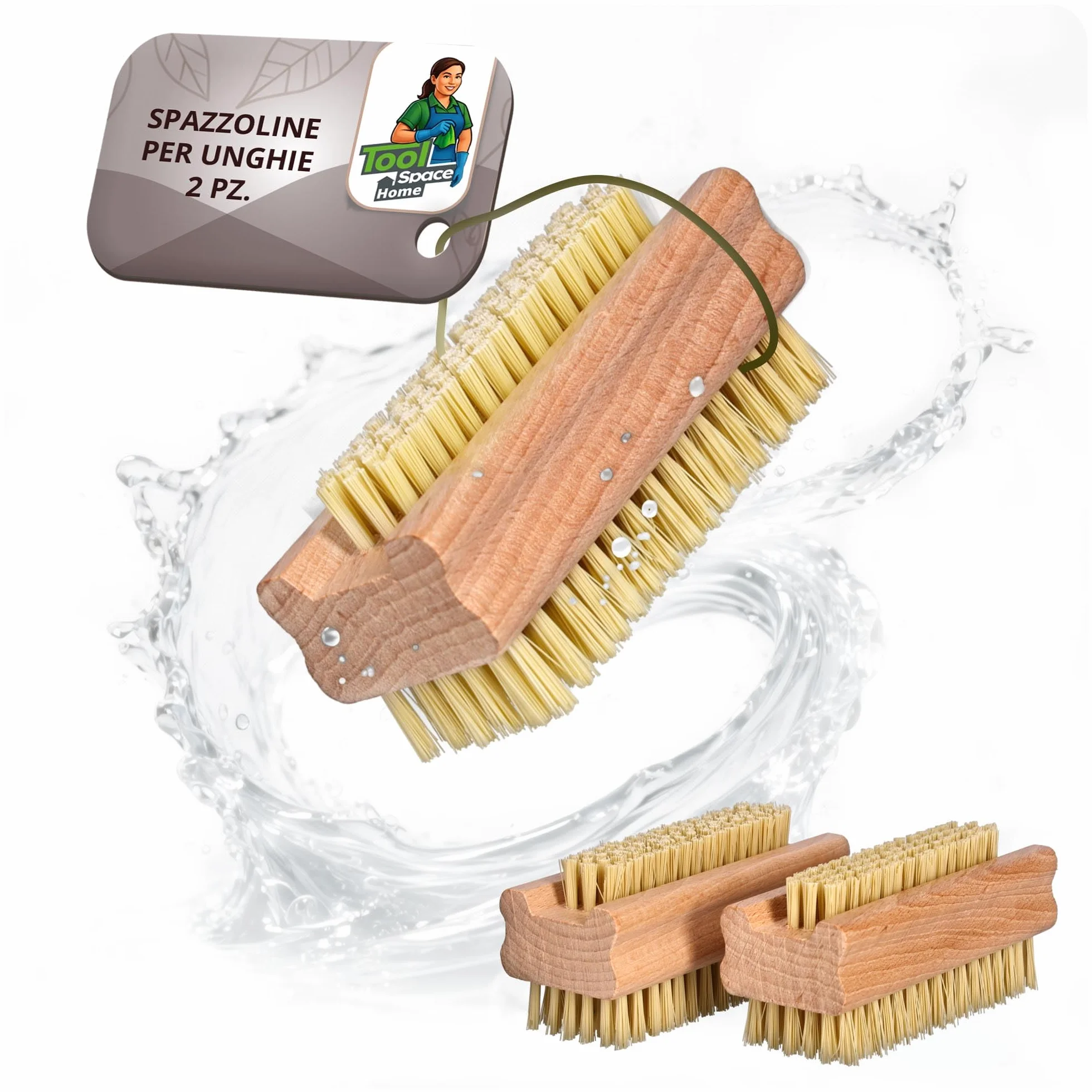 ToolSpace Spazzola per la Mano in Legno Faggio Spazzolina per Pulizia Unghie Mani e Piedi Setole Naturale Manicure Pedicure