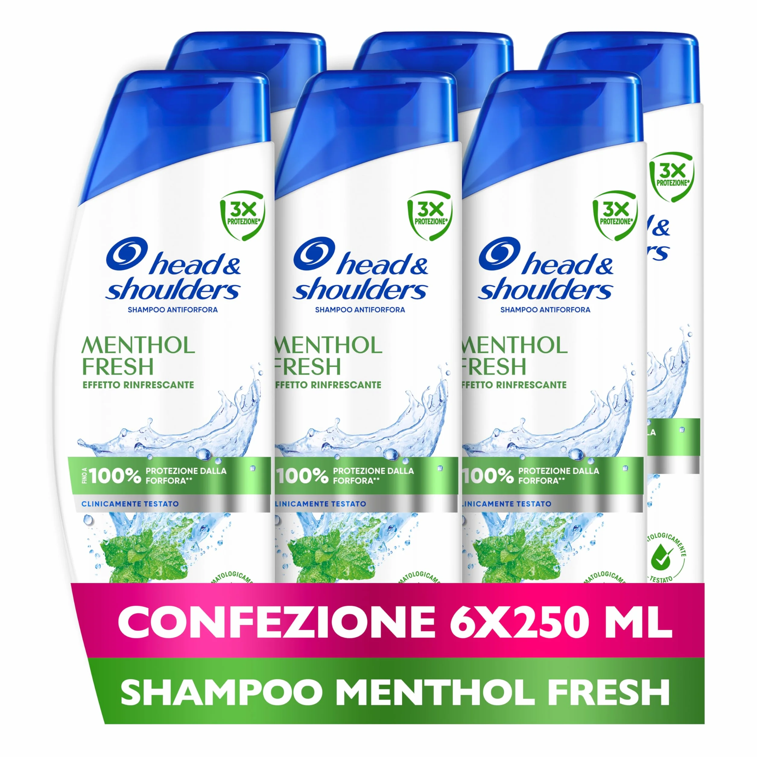Head & Shoulders Menthol Fresh Shampoo Antiforfora 250ml X6, Uso Quotidiano