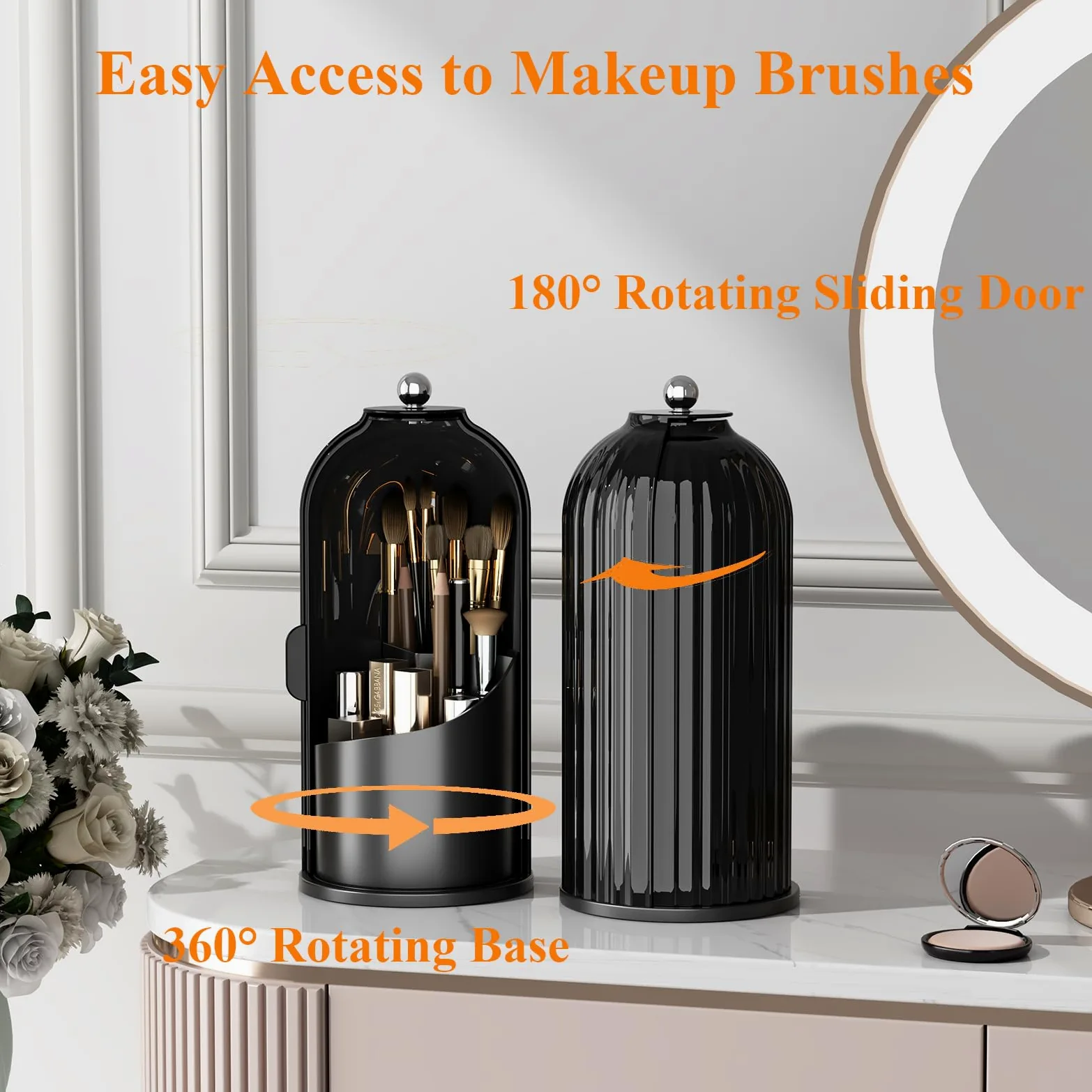 Porta pennelli da Trucco con Coperchio, Girevole a 360°, Organizer per Cosmetici da appoggio, Antipolvere, per Bagno, Trasparente (Nero Scuro)