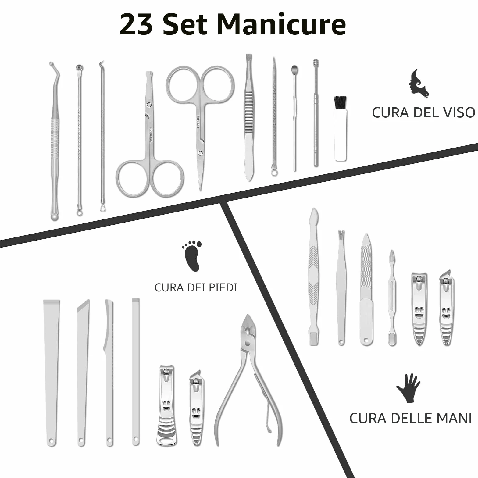 Tagliaunghie Set Professionale Grooming Kit 23pcs Manicure Pedicure Custodia Viaggio Pelle Nero Argento