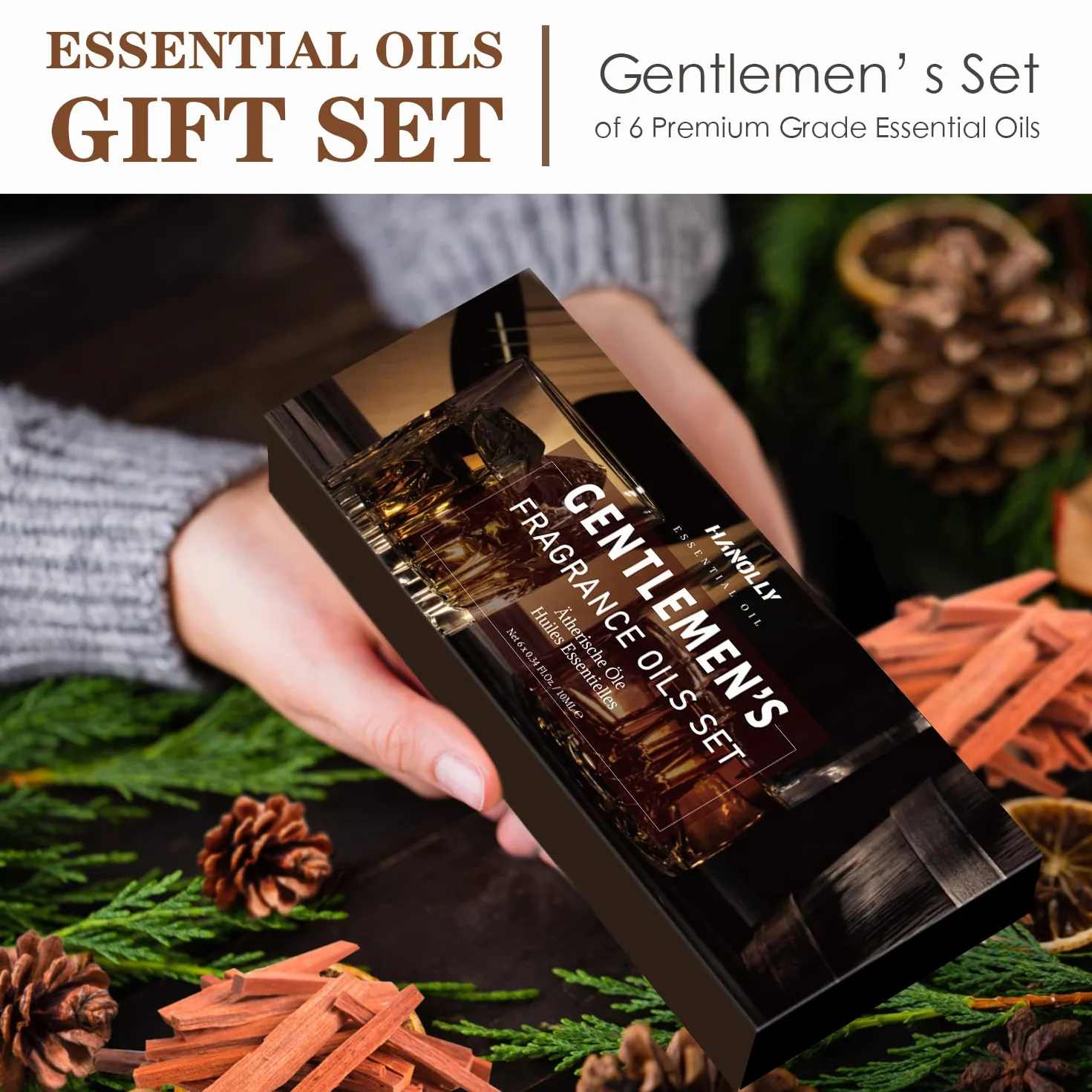 HANOLLY Oli Essenziali per Diffusori 6x10 ml, Olio Essenziale Naturale per Aromaterapia, Legno di Sandalo, Cedro, Tabacco Dolce, Rum, Colonia, Pelle