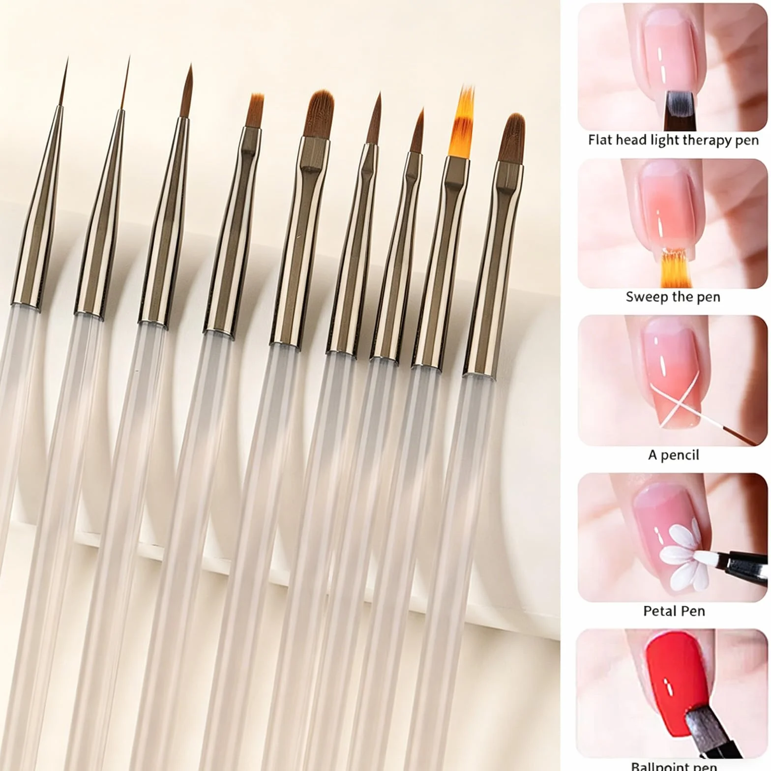 Set da 9 Pennelli per Unghie Grigio Ghiaccio, Pennelli Professionali per French Nails e Smalto UV Gel, pennelli per unghie gel Include Pennello per Intaglio Cristallo e Sfumato, per Manicure