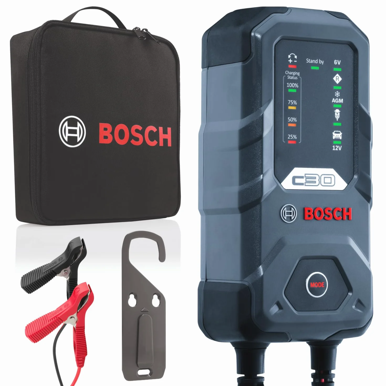 Bosch C30 Caricabatterie per Auto 6V 12V 3,8A Carica di Mantenimento per Batterie Piombo-Acido EFB GEL AGM SLI