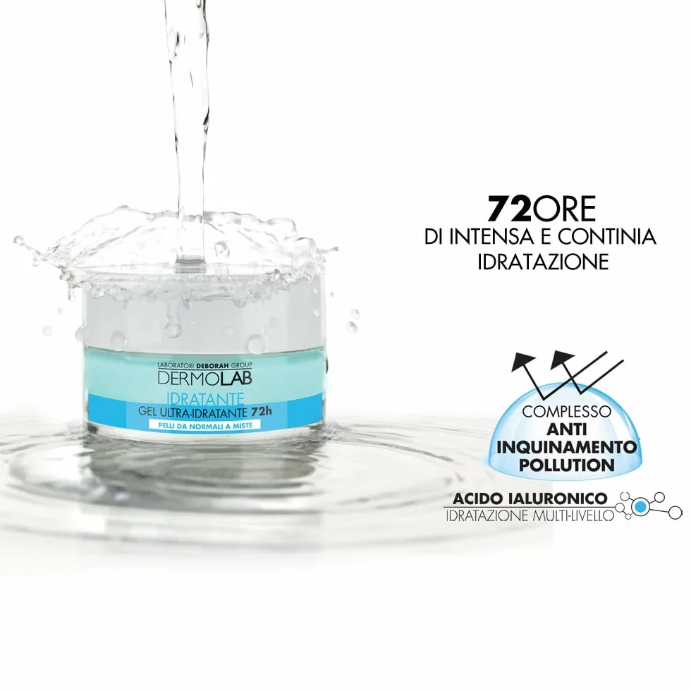 Dermolab - Crema Viso Idratante Gel 72H per Pelle Normale e Mista con Pool di Acido Ialuronico, Effetto Rimpolpante, Protegge la Cute con un'Azione Antiossidante, 50 ml