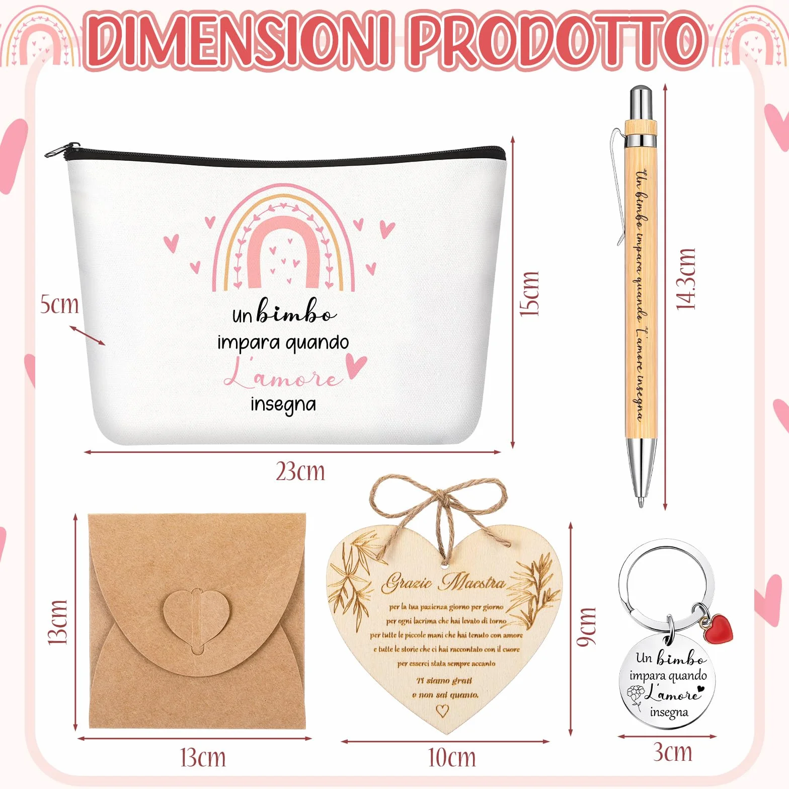 Jadive Set Regalo Maestra Fine Anno Borsa per Cosmetici Portachiavi Biglietto di Ringraziamento a Forma di Cuore in Legno Penna a Sfera in Legno Regalo Creativo Addio per Insegnante