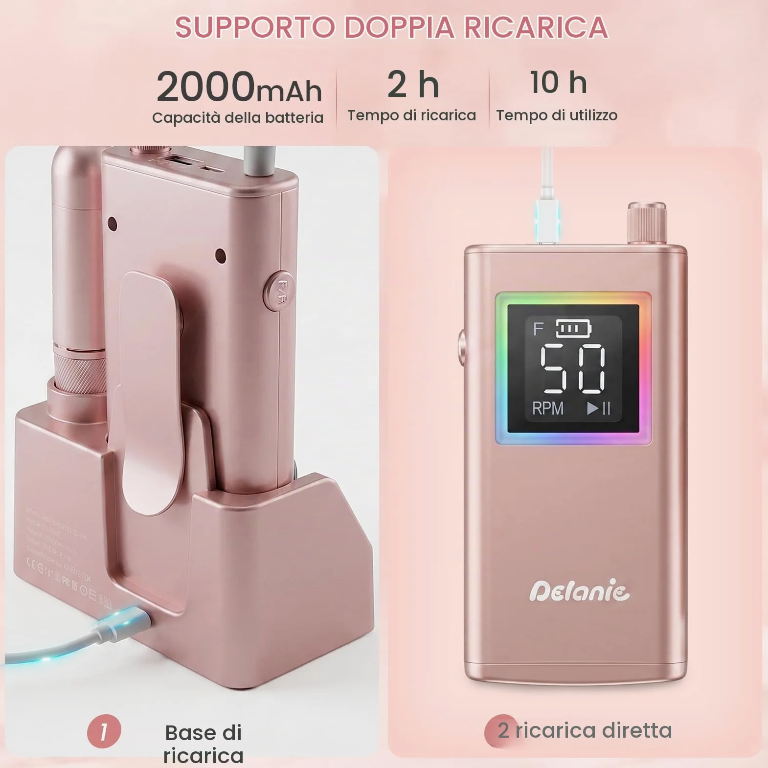 Delanie Fresa per Unghie Professionale 50000 Giri con Stazione di Ricarica, Lima Elettrica per Unghie Senza Fili per Acrilico e Gel, Autonomia 10 Ore, Funzione Pausa, 12 Punte Incluse