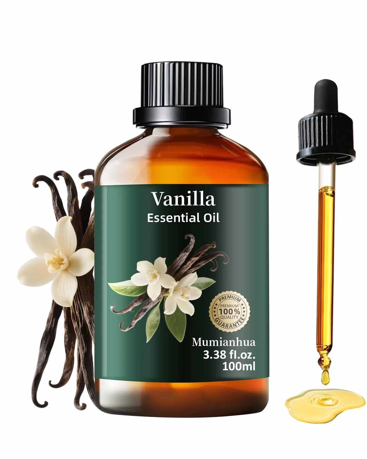 Olio Essenziale di Vaniglia Puro, Mumianhua Olio di Vaniglia Naturale Per Diffusori, Aromaterapia, Cura della Pelle, Profumeria, Creazione di Candele e Saponi Fai da Te‌ 100ml