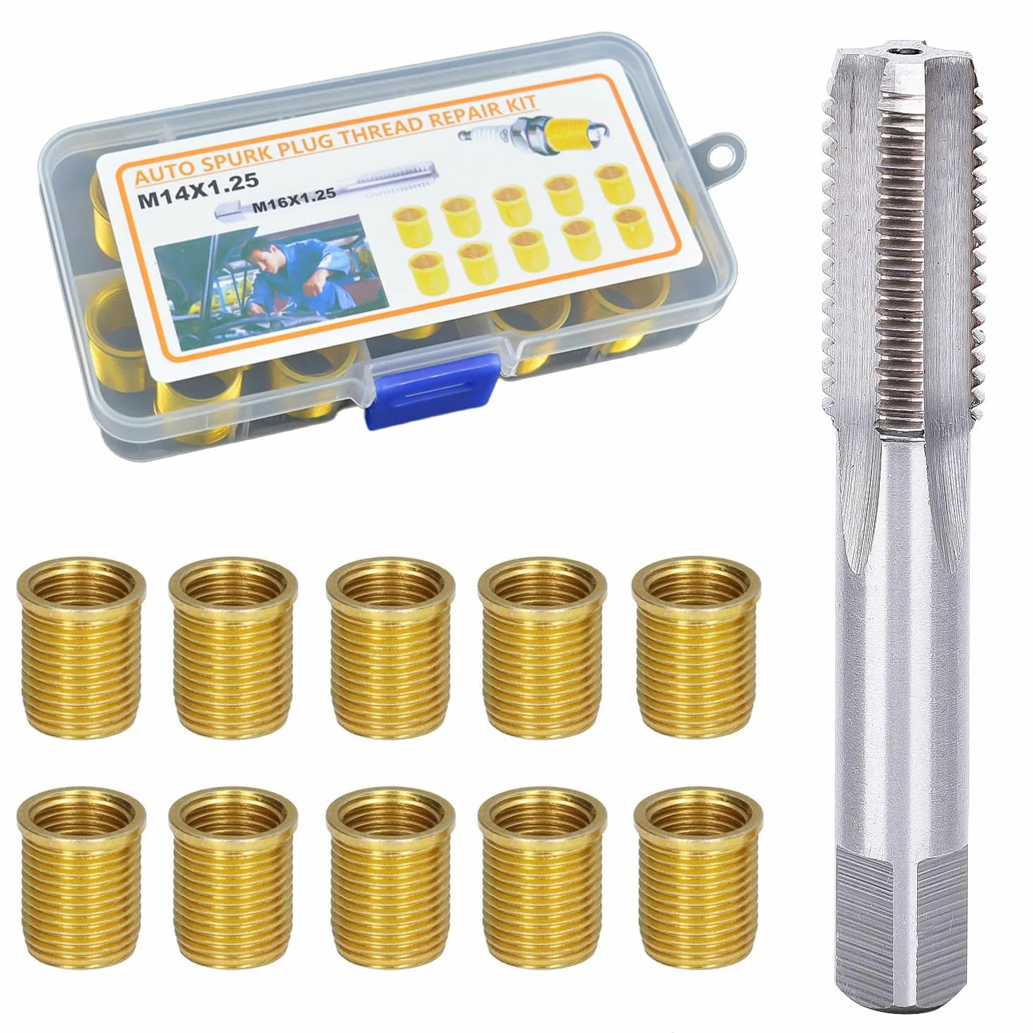Attrezzo per Riparazione Foro Filettato Candela M14 × 1.25 mm, Metallo, per Motori a Benzina e Diesel, 10 Pezzi