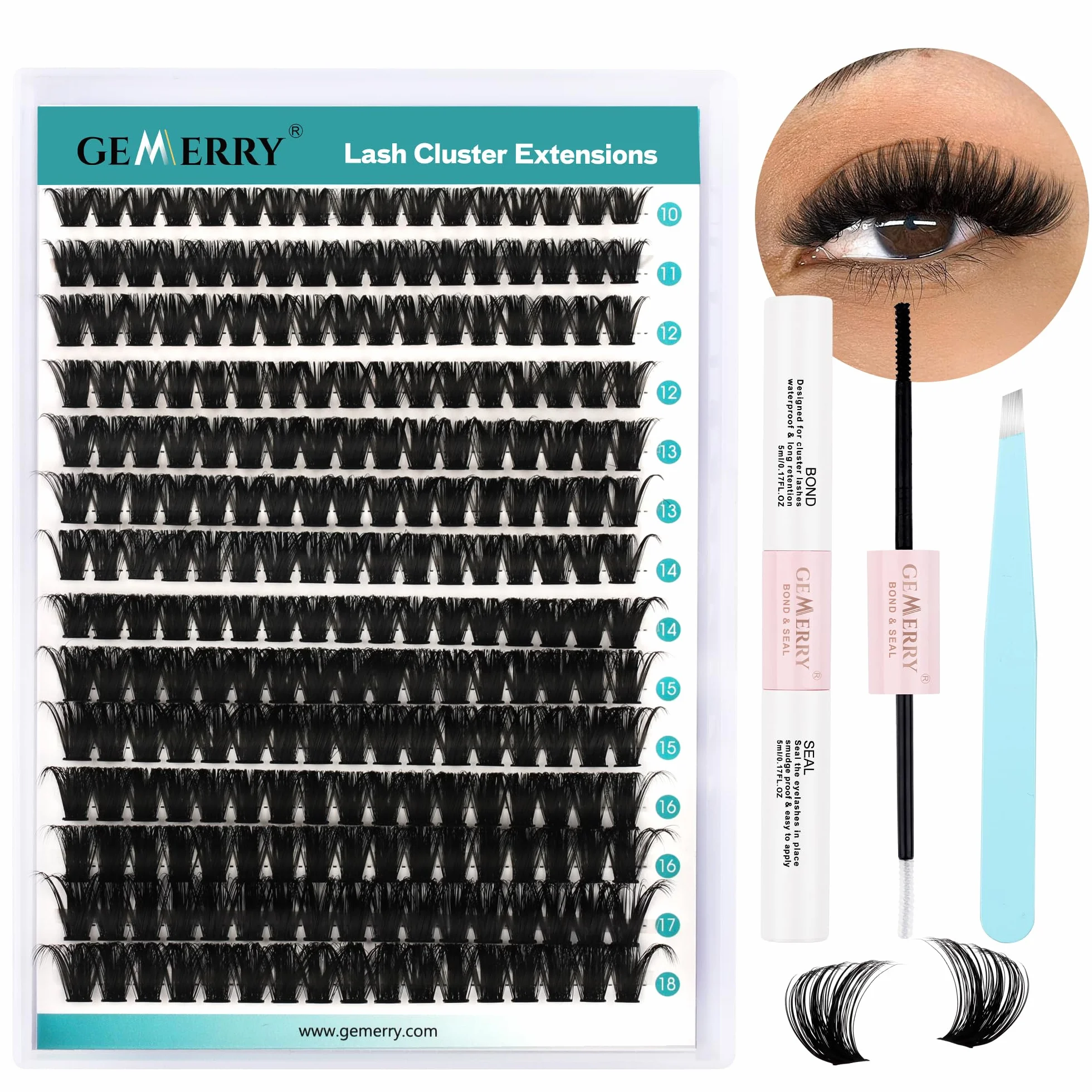 GEMERRY Ciglia Finte Ciuffetti Kit 80D 0.07mm D Curl 10-18mm con Bond and Seal Pinzette Extension Ciglia