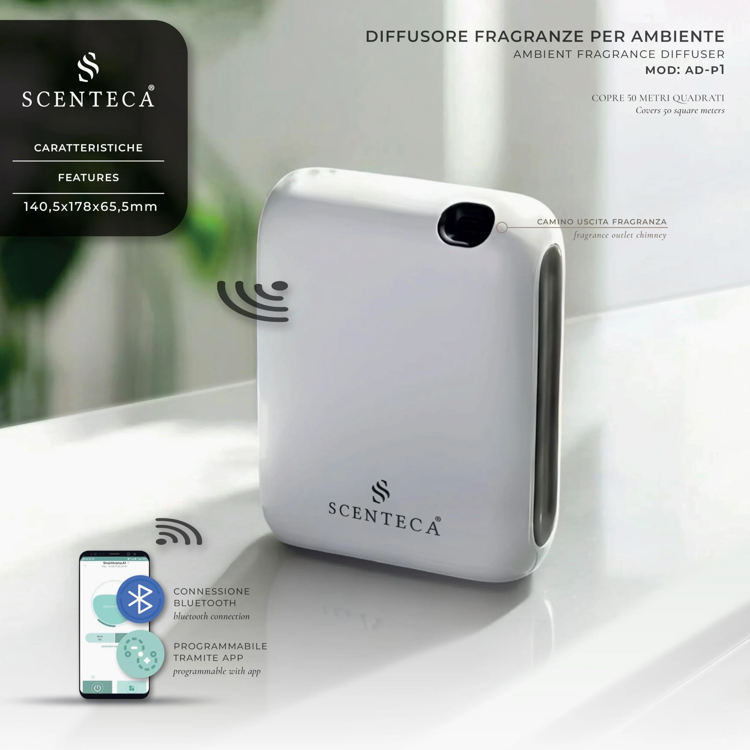 SCENTECA Diffusore elettrico di oli essenziali AD-P1, fragranza Summer Scent 100 ml Inclusa, nebulizzazione senza acqua, programmabile via app, copertura fino a 50 m²