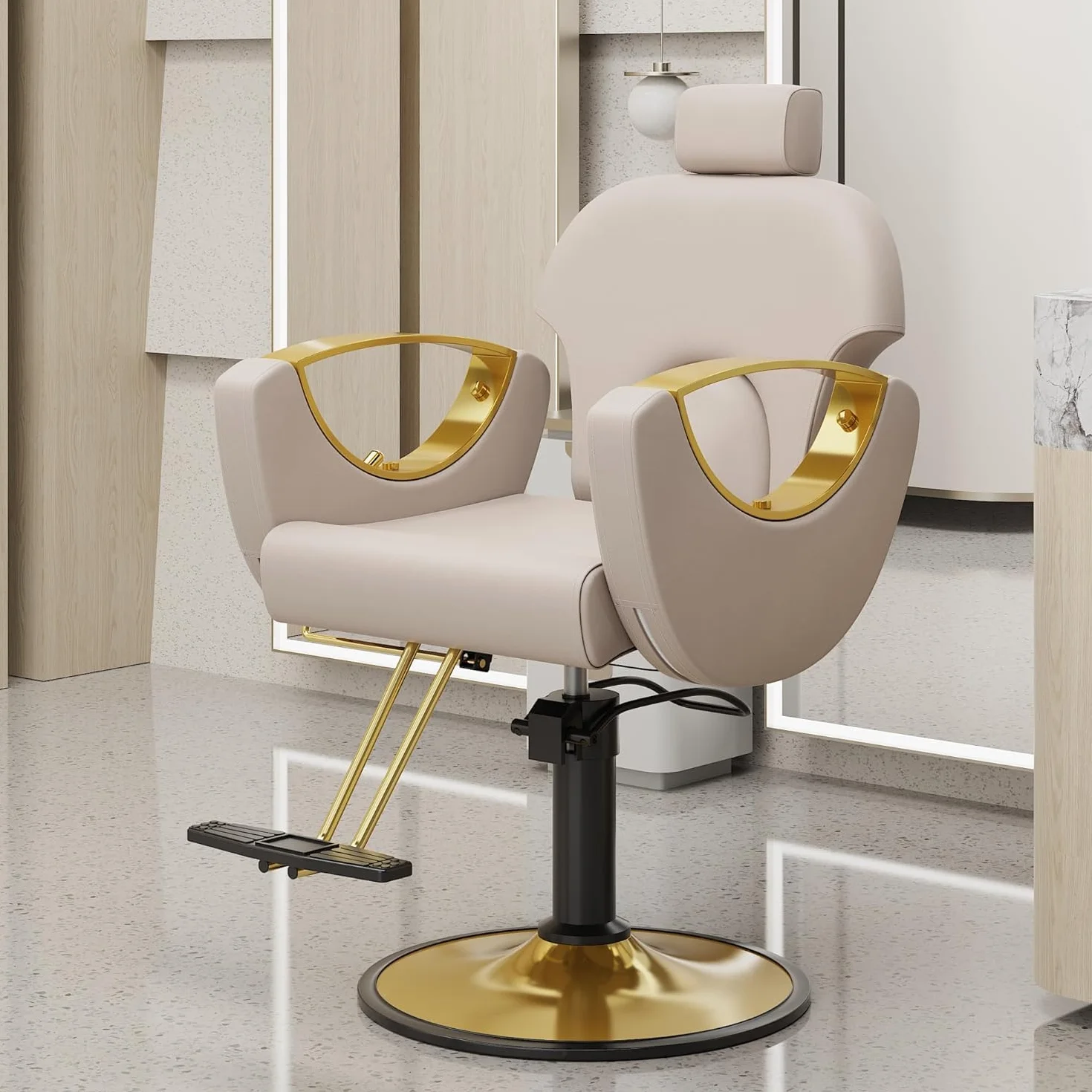 Poltrona da Parrucchiere Sedia da Barbiere Reclinabile 90°-135° con Regolabile Poggiatesta Schienale Altezza,Girevole a 360°,per Parrucchiere Salone di Bellezza Tatuaggi (Beige)