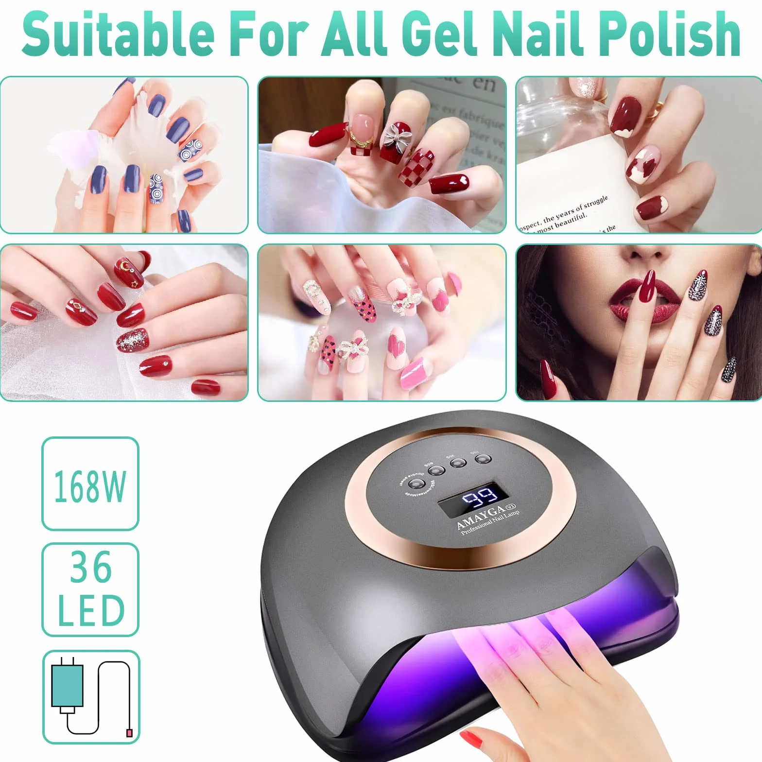 Lampada Unghie UV LED,168W Fornetto per Manicure/Pedicure Permanente Smalto Semipermanente 4 Timer con 10s/30s/60s/99s Display LED Automatico Sensore