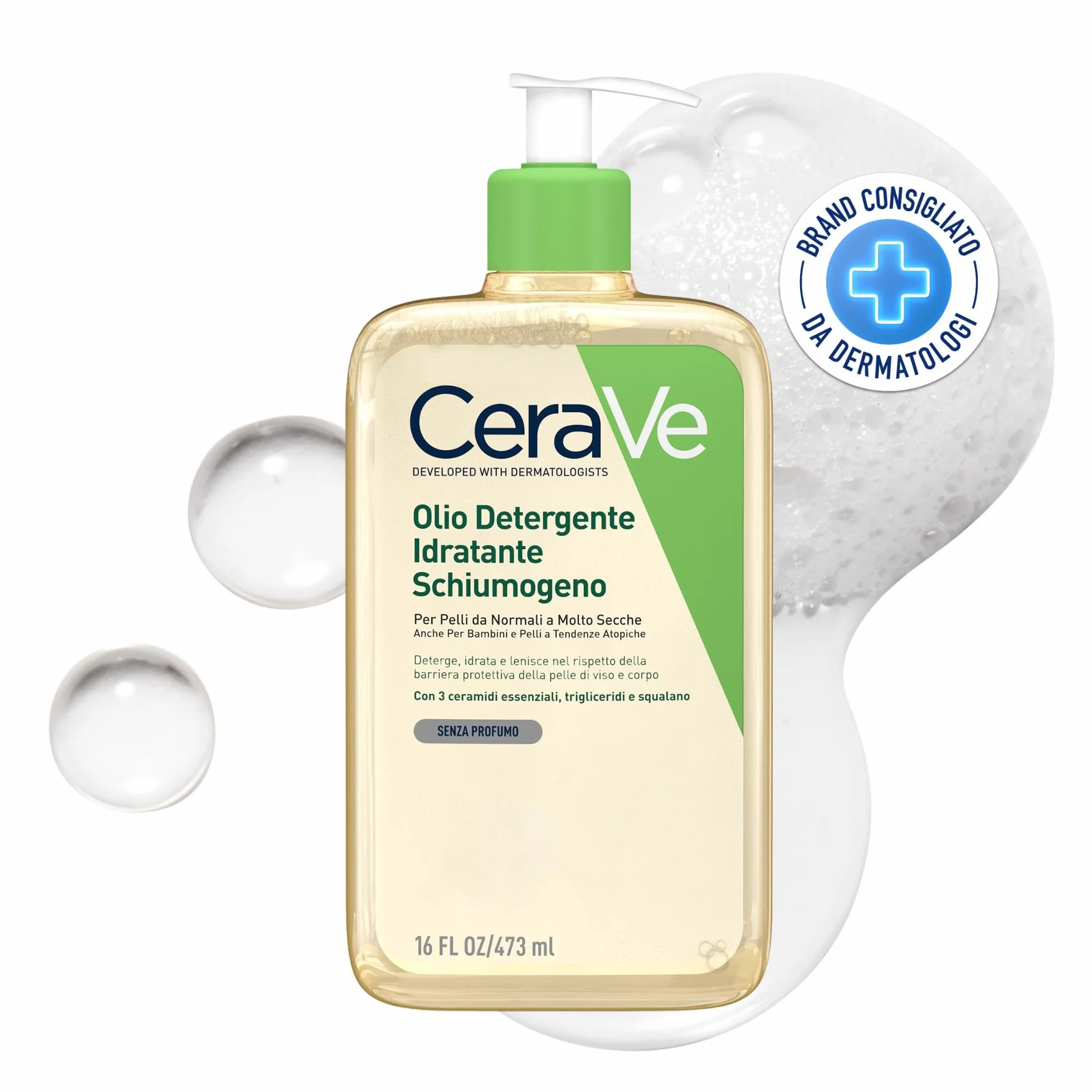 CeraVe Olio Detergente Schiumogeno, Per Pelli Secche e Molto Secche, Azione Idratante e Lenitiva, Rimuove Sebo e Impurità, Con 3 Ceramidi Essenziali, Trigliceridi e Squalano Vegano, 473 ml