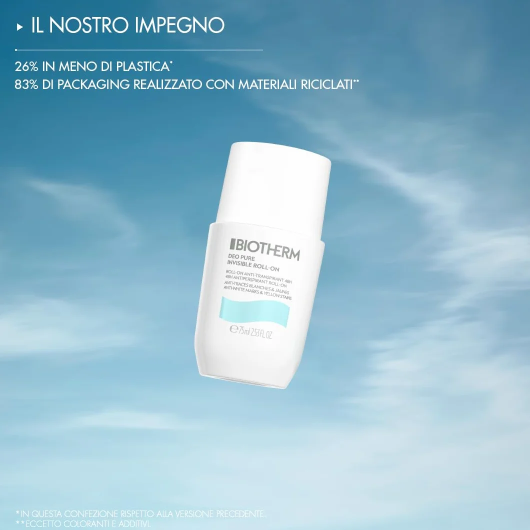 BIOTHERM, Deo Pure Invisible Roll-On, Deodorante Roll-On Antitraspirante, Efficace fino a 48H, Anti Macchie Bianche e Gialle sui Vestiti