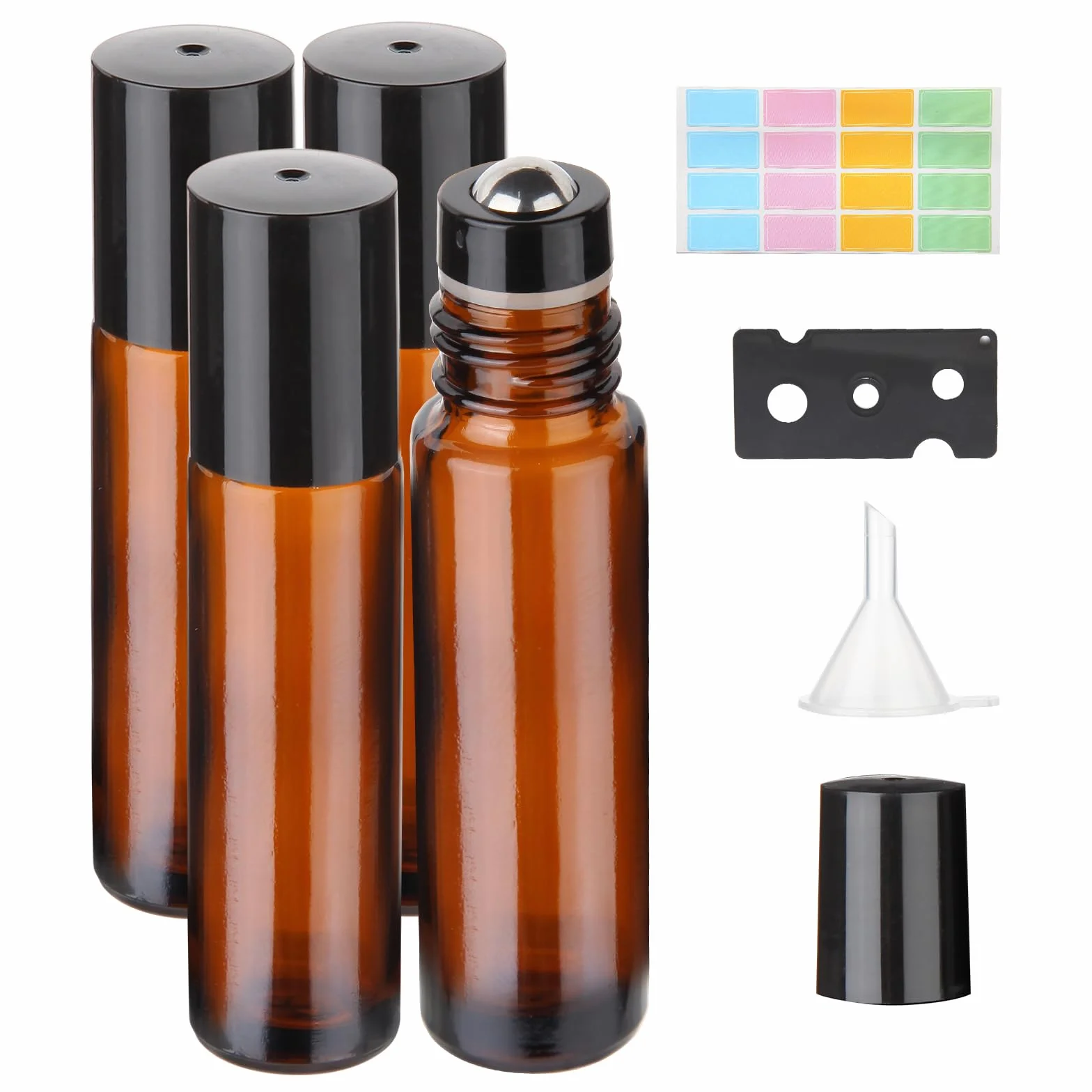 Hyber&Cara 4Pcs 10ml Roll On Vuoto per Oli Essenziali Ambra Bottiglie Vuote in Vetro, Bottiglie Flaconcini Vuoti Per Oli Essenziali, Profumi, Liquidi(incluso 1 apribottiglie, adesivo e 1 imbuto)
