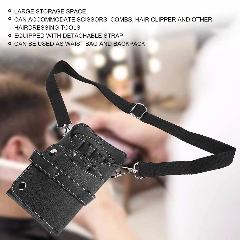 Borsa per Forbici Staccabile Marsupio da Parrucchiere Kit per Parrucchieri in Pelle PU Borsa da Barbiere Rivetto Adatto per Forbici da Parrucchiere, Clip, Pettini per Capelli (Nero)