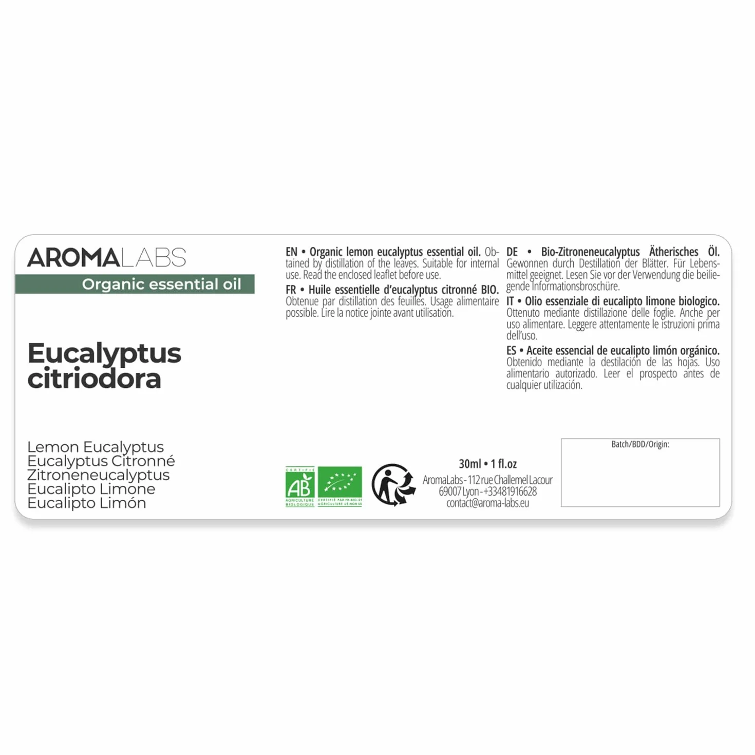 Olio Essenziale Chemiotipizzato Eucalipto Citriodora BIO 30 mL Aroma Labs