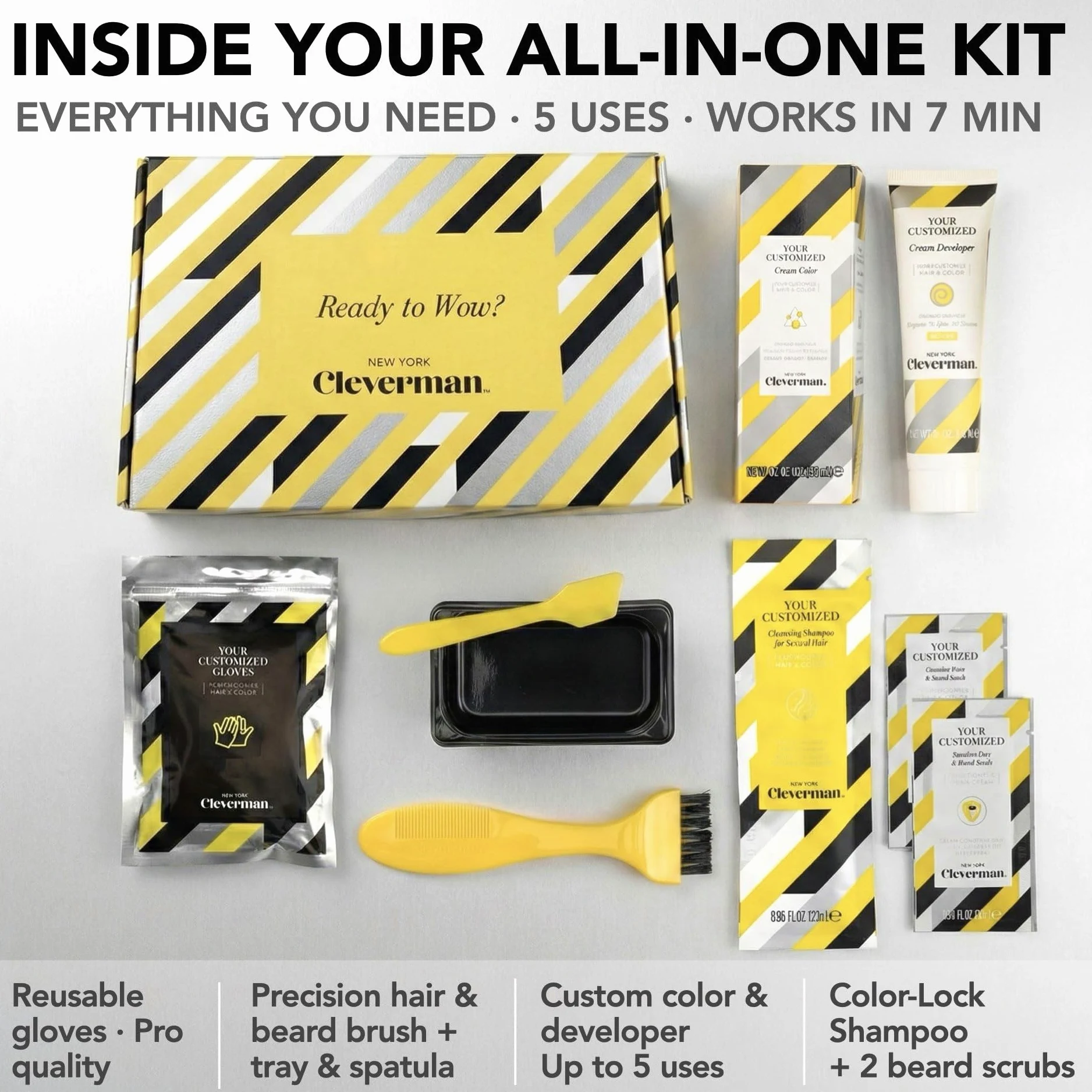 CLEVERMAN Kit di tintura per capelli e barba da uomo, riutilizzabile, tutto in uno, copertura naturale dei grigi, colorante per barba e baffi, senza ammoniaca (marrone chiaro).