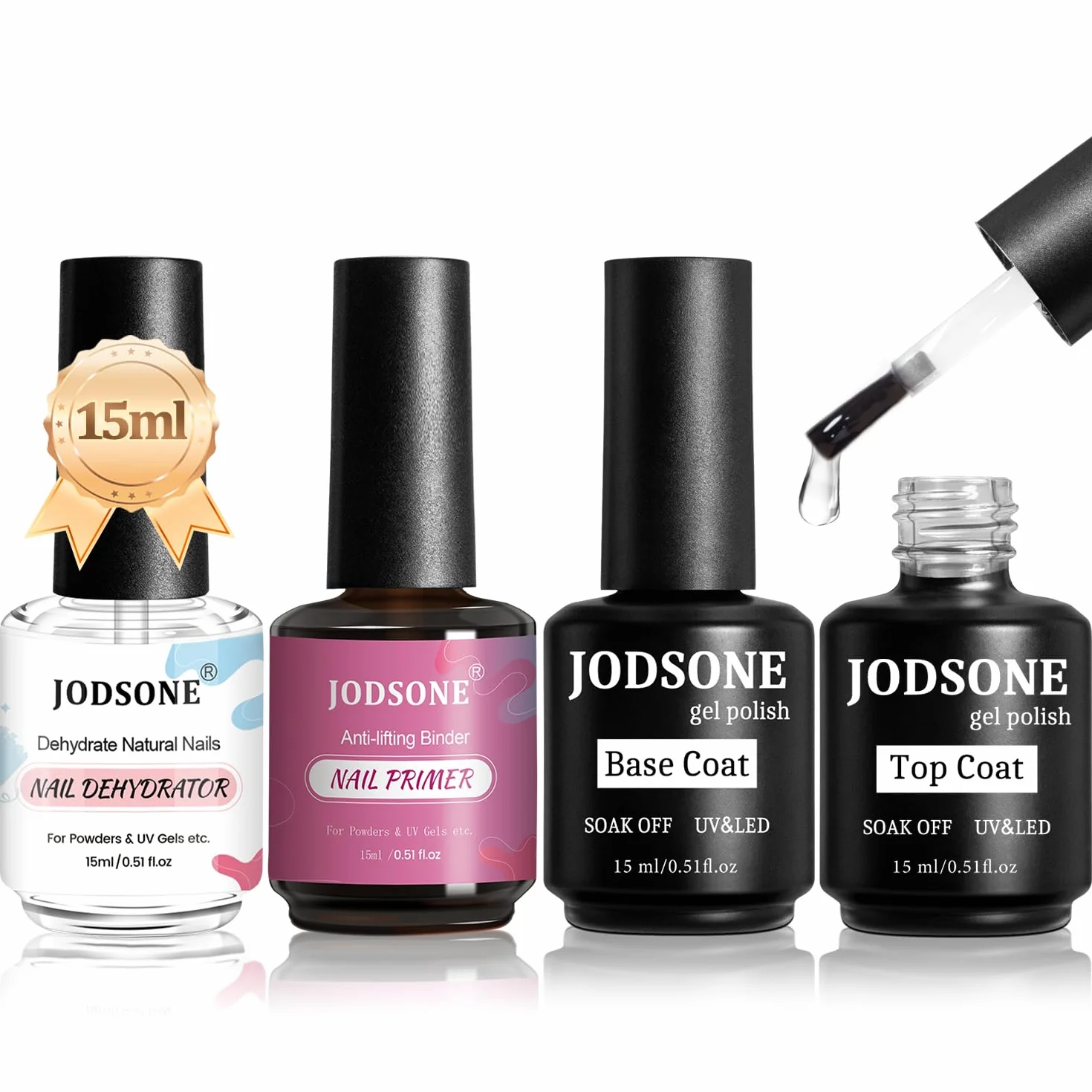 JODSONE Base e Top Coat Semipermanente 15ML x 4, Disidratatore Primer per Unghie, Asciugatura Rapida Durevole