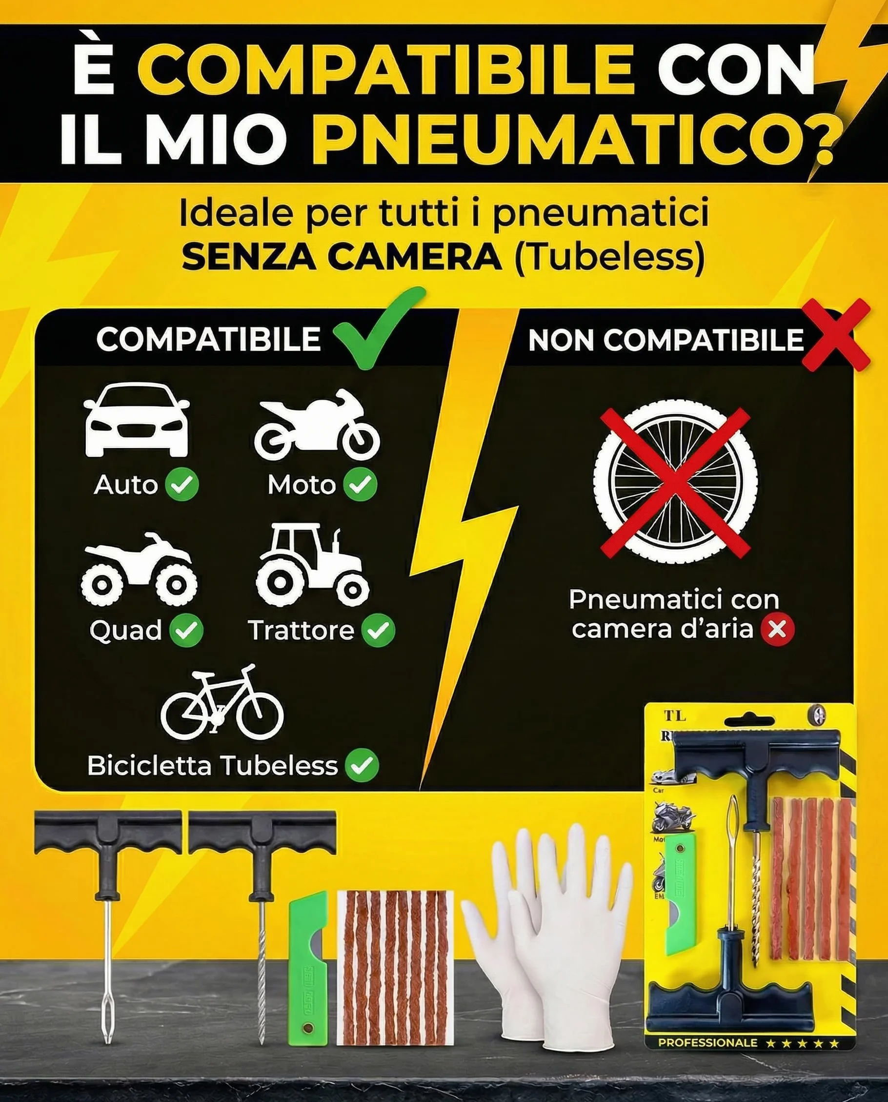 Kit Riparazione Pneumatici Auto Moto - Include 10 Tasselli, 2 Attrezzi a T, Guanti e Taglierino