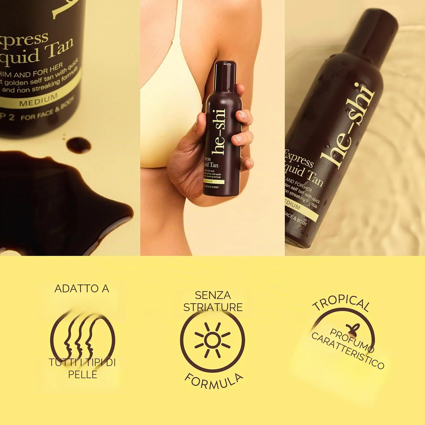 He-Shi Express Liquid abbronzante istantaneo liquido – nessun odore autoabbronzante – formula ad asciugatura rapida e senza aloni – formula naturale vegana con glicerina – autoabbronzante per corpo e