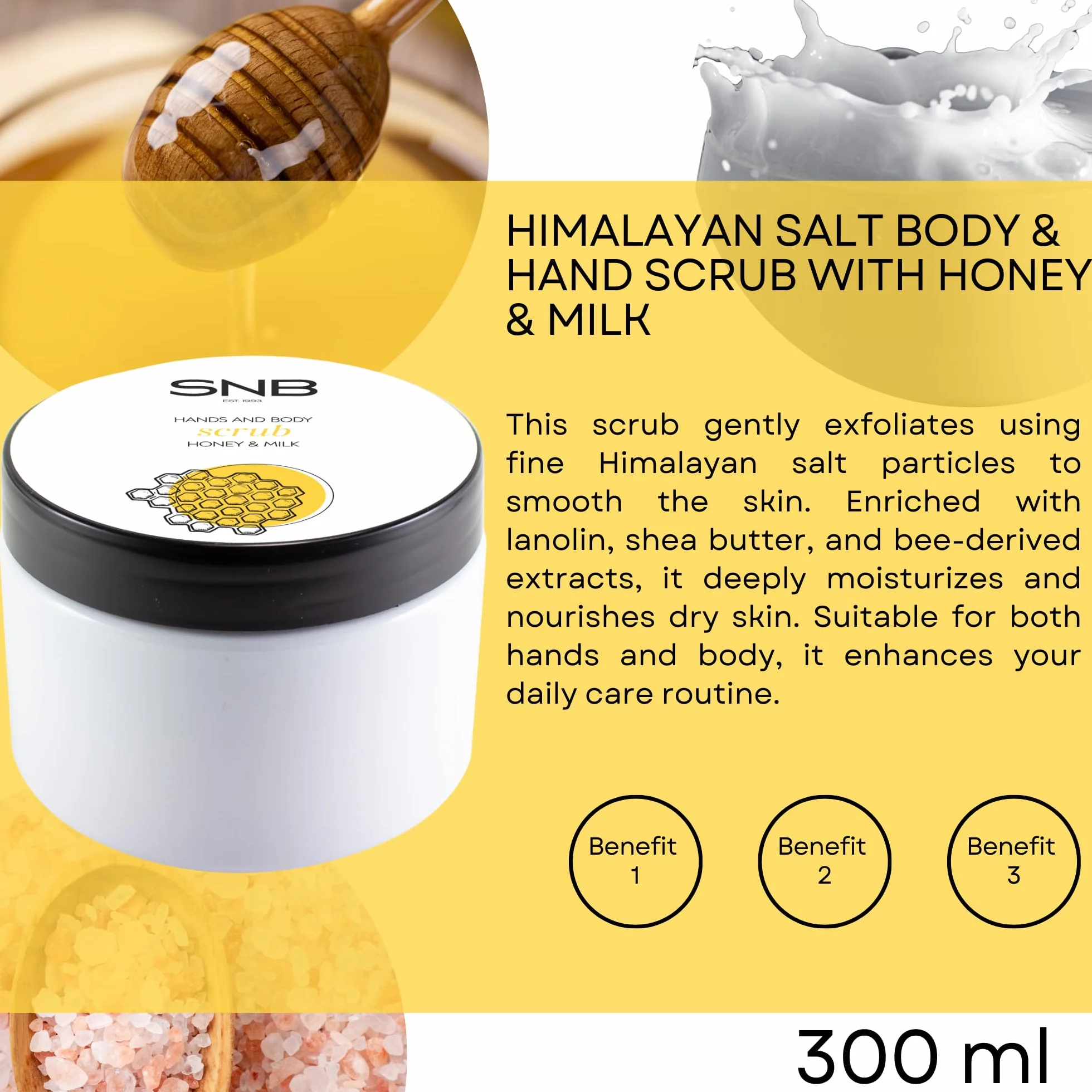 SNB Professional scrub per il corpo e le mani con sale dell'Himalaya, miele e latte 300 ml – esfoliante delicato per la pelle liscia – Con lanolina, burro di karitè, estratto di polline d'api e